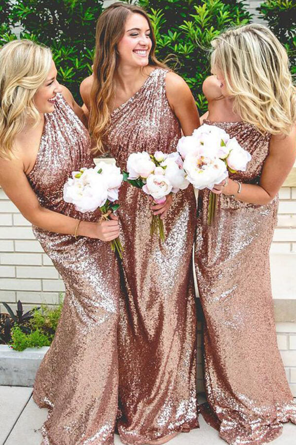 Gold Sequins One Shoulder Bridesmaid Dresses, MBD189 | Musebridals Gold Sequins One Shoulder Bridesmaid Dresses, MBD189 | Musebridals