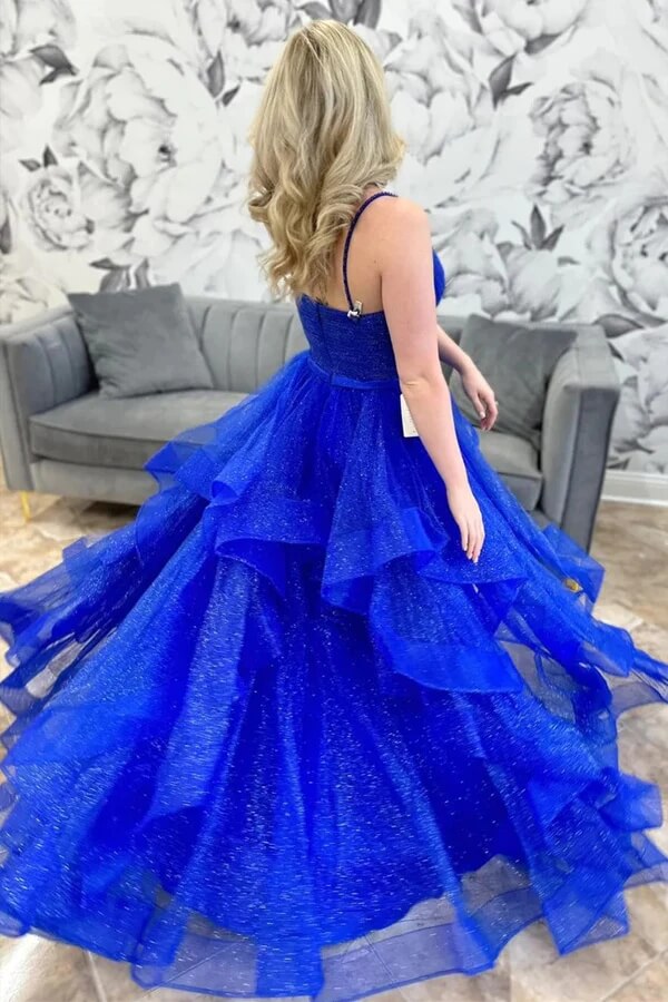 Sparkly Royal Blue Tulle A-line V-neck Multi-Layer Long Prom Dresses, MP911 | prom dress for girls | evening long dress | simple prom dresses | musebridals.com