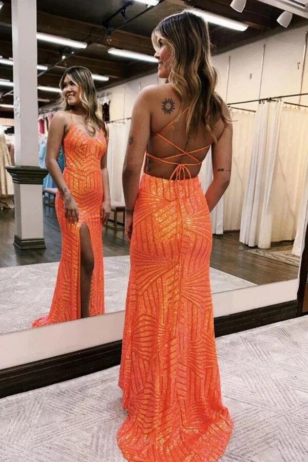 open lace back dress Orange Backless Prom Dress, Orange Mermaid Prom Gown Y2247 – Simplepromdress main image 1