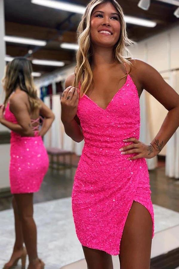 Sparkly Sequins V-neck Spaghetti Straps Short Homecoming Dresses, MH604