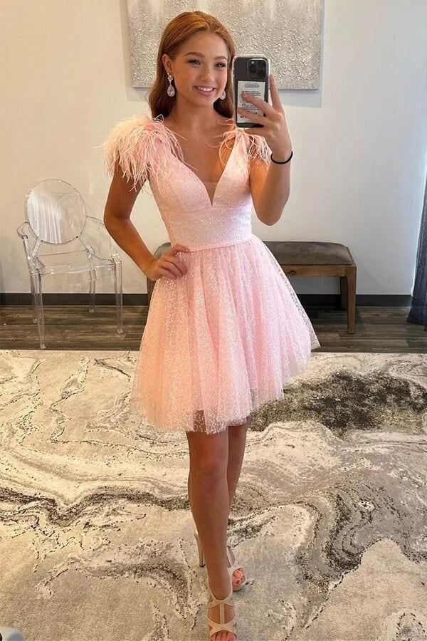 Sparkly Tulle Pink A-line V-neck Homecoming Dresses With Feathers, MH665 Sparkly Tulle Pink A-line V-neck Homecoming Dresses With Feathers, MH665