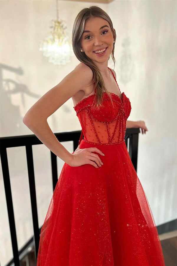 Sparkly Tulle Red A-line Beaded Prom Dresses, MP894 | Musebridals Sparkly Tulle Red A-line Beaded Prom Dresses, MP894 | Musebridals