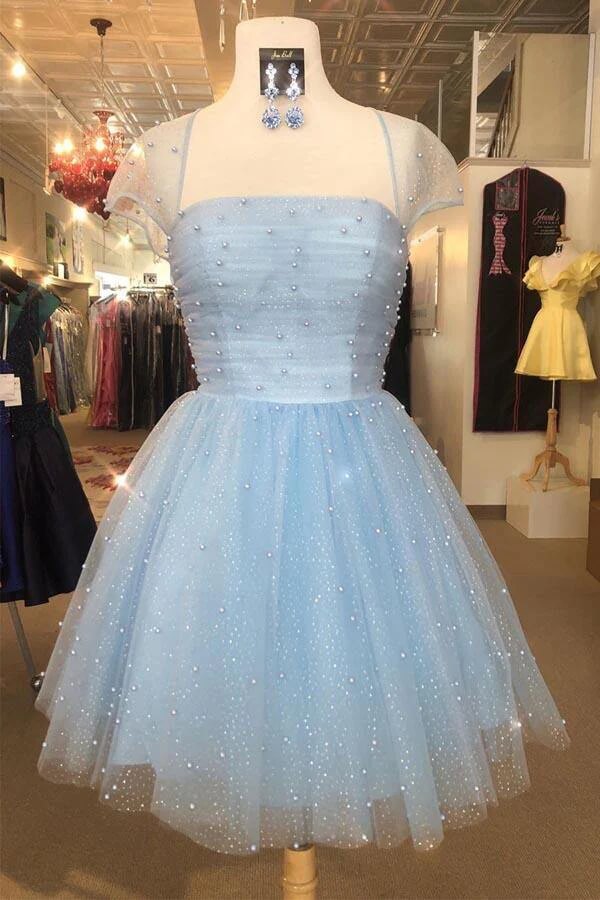 sachin and babi light blue dress Light Blue Sequin Mini Tight Homecoming Dress with Slit – jkprom main image 0