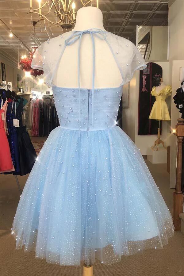 Sparkly Sky Blue Cap Sleeves Homecoming Dress MH609 Musebridals