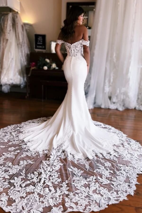 Stretch Satin Mermaid Off Shoulder Wedding Dresses With Appliques, MW1102