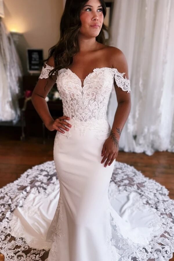 Stretch Satin Mermaid Off Shoulder Wedding Dresses With Appliques, MW1102