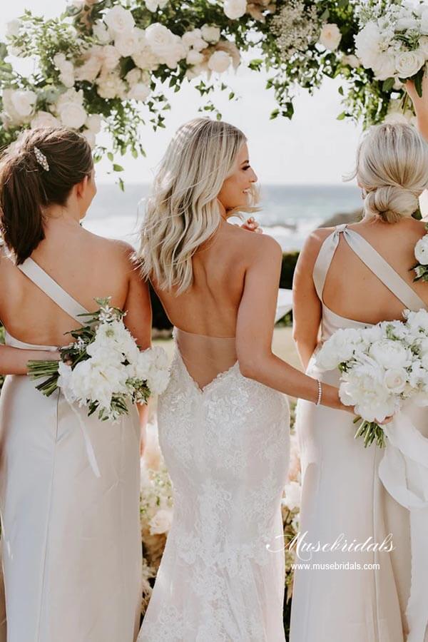 strapless open back dress Stretch Satin Sheath One Shoulder Bridesmaid Dresses, Wedding Party Dress,  MBD199