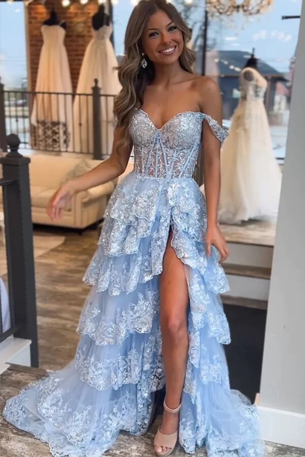 Stunning Blue Princess Tiered Long Prom Dresses With Lace Ruffles, MP921 Stunning Blue Princess Tiered Long Prom Dresses With Lace Ruffles, MP921