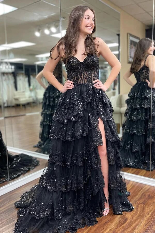 Stunning Blue Princess Tiered Long Prom Dresses With Lace Ruffles, MP921 | black prom dress | long formal dress | prom dresses online | musebridals.com