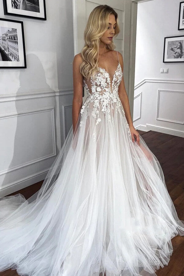 see through boho dress Stunning Flower Lace See-through V Neck Boho Wedding Dresses, MW1094