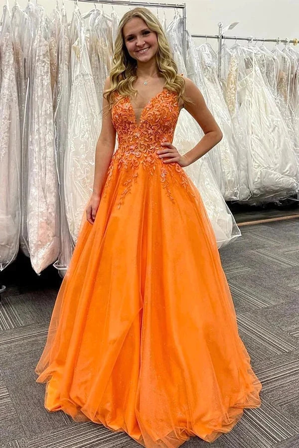 Orange Tulle A-line V-neck Lace Appliques Prom Dresses, Evening Gown, MP827 Orange Tulle A-line V-neck Lace Appliques Prom Dresses, Evening Gown, MP827