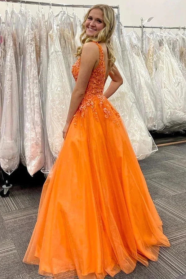 Orange Tulle A-line Lace Appliques Prom Dresses MP827 | Musebridals Orange Tulle A-line Lace Appliques Prom Dresses MP827 | Musebridals