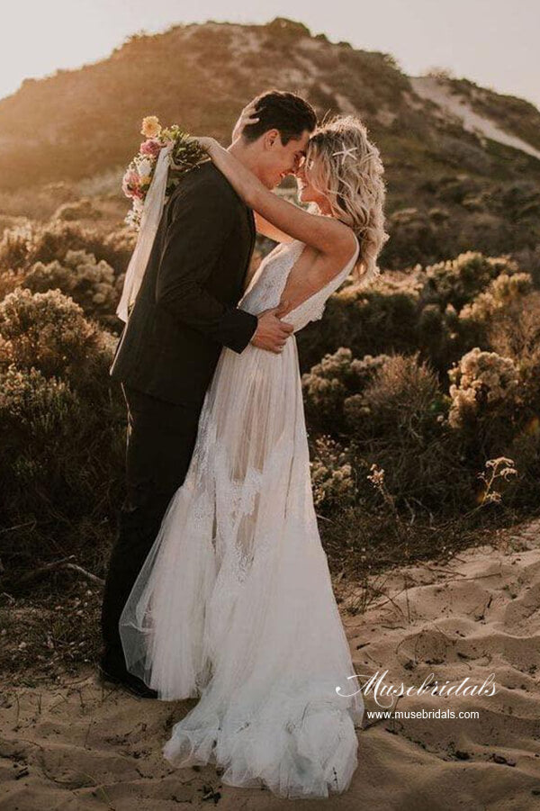 Stunning Tulle A-line V-neck Beach Wedding Dresses With Lace Appliques, MW992 Stunning Tulle A-line V-neck Beach Wedding Dresses With Lace Appliques, MW992