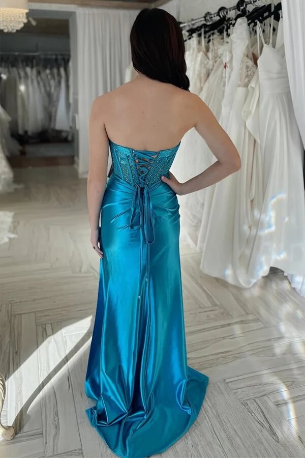 Sheath Silk Satin Beaded Prom Dresses With Slit, MP960 | Musebridals Sheath Silk Satin Beaded Prom Dresses With Slit, MP960 | Musebridals