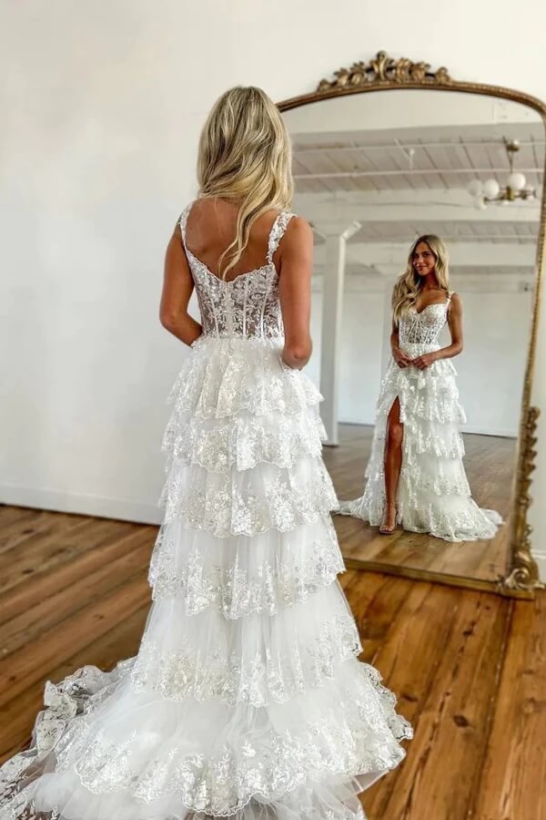 Tiered Tulle A-line Lace Appliques Prom Dresses, MP888 | Musebridals Tiered Tulle A-line Lace Appliques Prom Dresses, MP888 | Musebridals