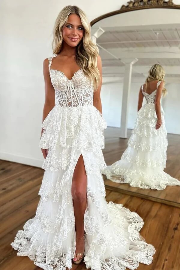 Tiered Tulle A-line Lace Appliques Prom Dresses, MP888 | Musebridals Tiered Tulle A-line Lace Appliques Prom Dresses, MP888 | Musebridals