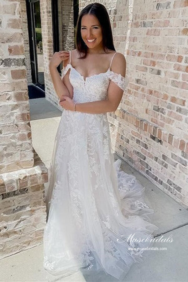 Tulle A-line Cold-Shoulder Lace Wedding Dresses, MW1057
