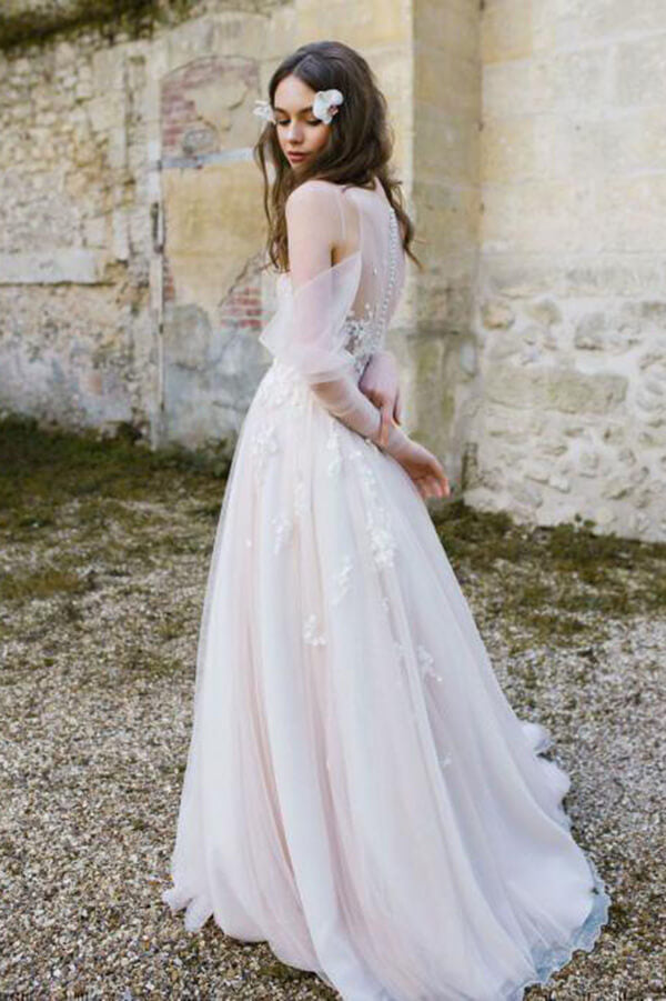 Tulle A-line Long Sleeves Beach Wedding Dresses With Lace Appliques, MW1029 Tulle A-line Long Sleeves Beach Wedding Dresses With Lace Appliques, MW1029