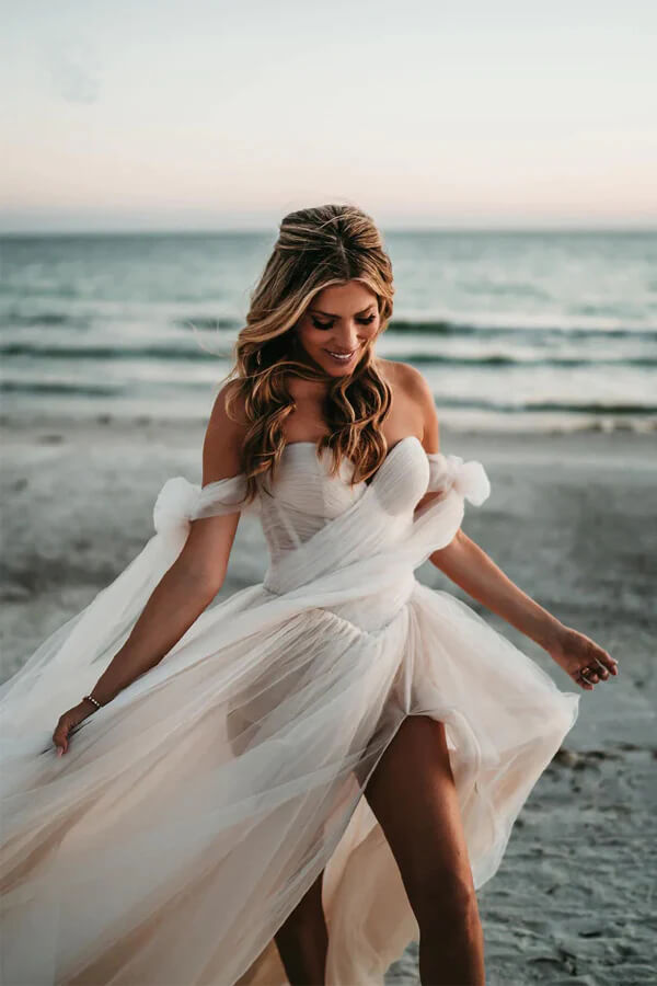 Tulle A-line Off-the-Shoulder Beach Wedding Dresses With Side Slit, MW889 Tulle A-line Off-the-Shoulder Beach Wedding Dresses With Side Slit, MW889