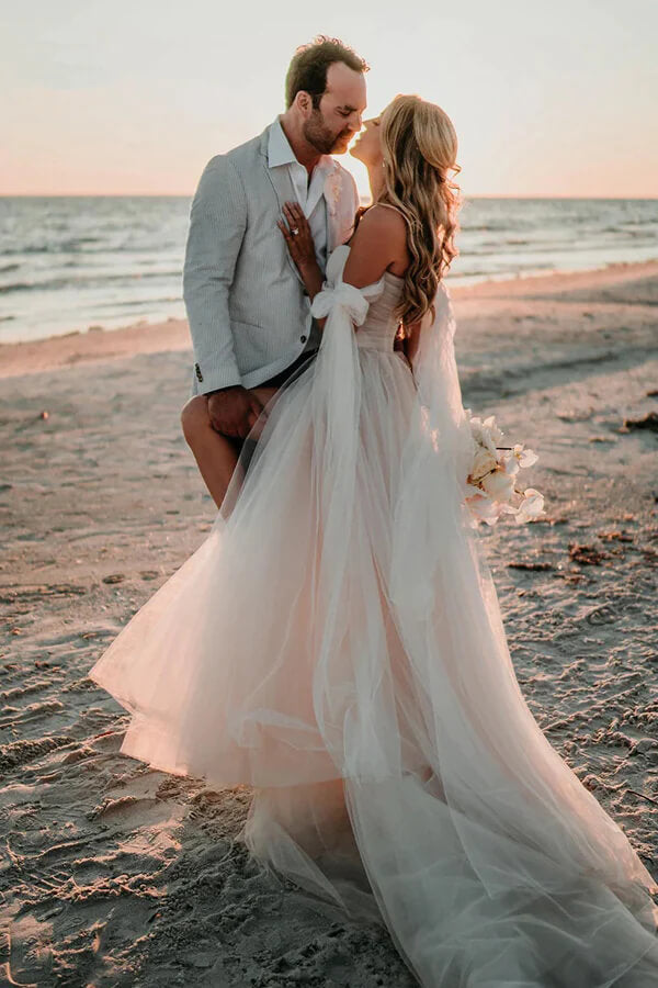 Tulle A-line Off Shoulder Beach Wedding Dresses MW889
