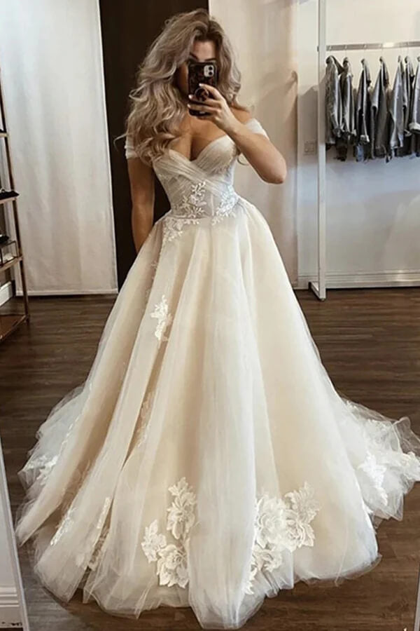 chinese dress ladies Tulle A-line Off-the-Shoulder Wedding Dresses With Floral Appliques, MW1003