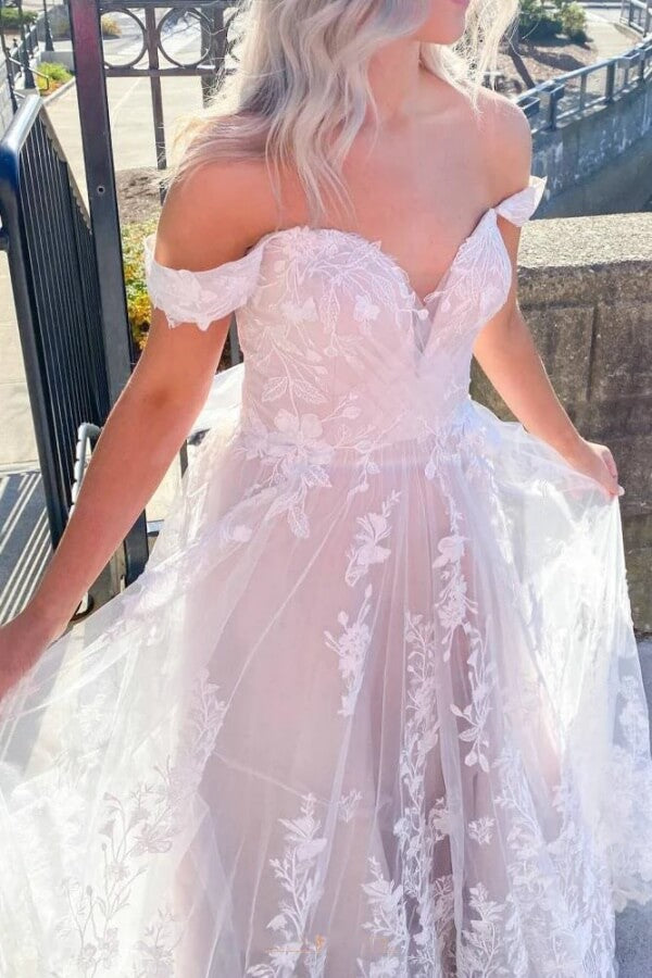 Tulle A-line Off Shoulder Lace Wedding Dresses, MW1082