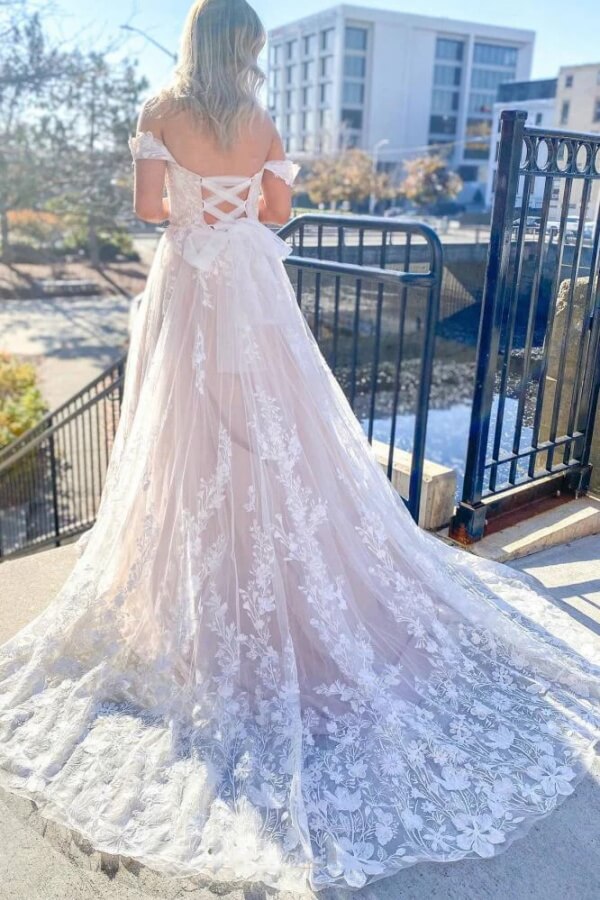 Tulle A-line Off Shoulder Lace Wedding Dresses, MW1082