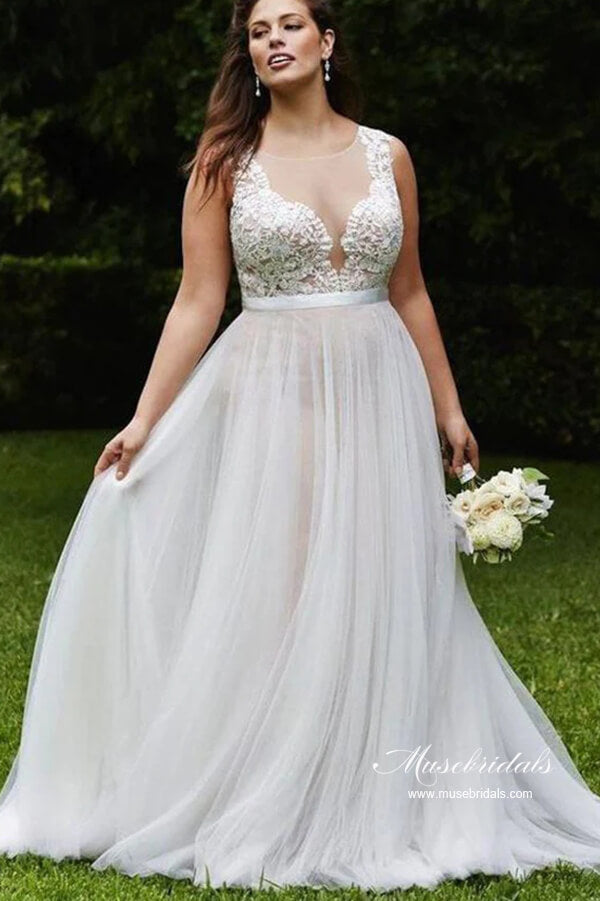 inexpensive wedding dresses for plus size Tulle A-line Scoop Lace Plus Size Wedding Dress, MW988