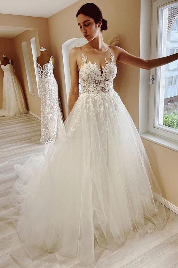 Tulle A-line Sheer Neck Wedding Dress With Lace Appliques, Bridal Gown,  MW917