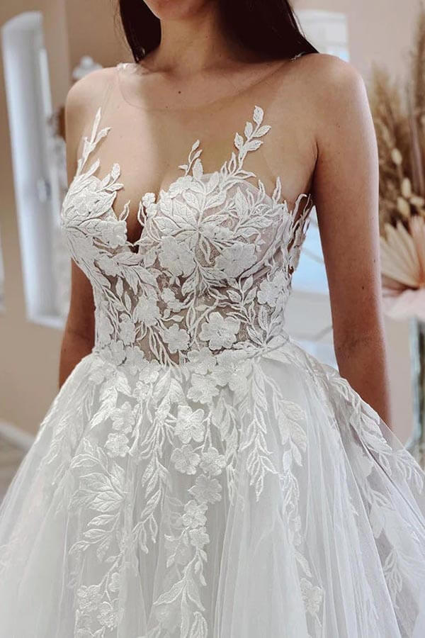 Tulle A-line Sheer Neck Wedding Dress With Lace Appliques, Bridal Gown, MW917 Tulle A-line Sheer Neck Wedding Dress With Lace Appliques, Bridal Gown, MW917