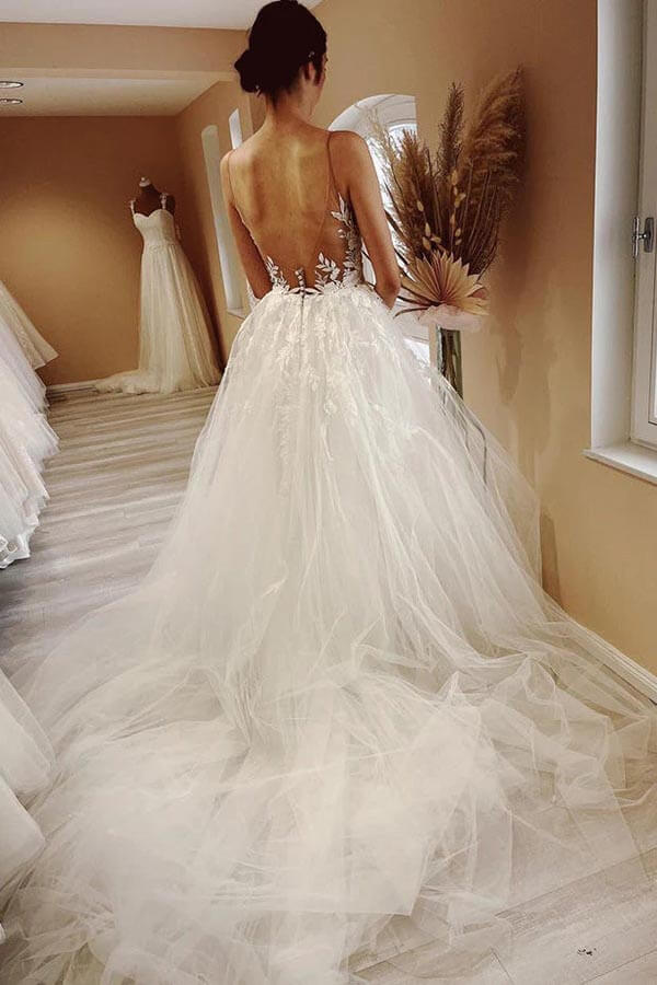 Tulle A line Sheer Neck Wedding Dress With Lace Appliques Bridal Gown MW917