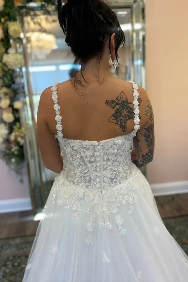 Square Straps Appliques Tulle A-Line Wedding Dress main image 1