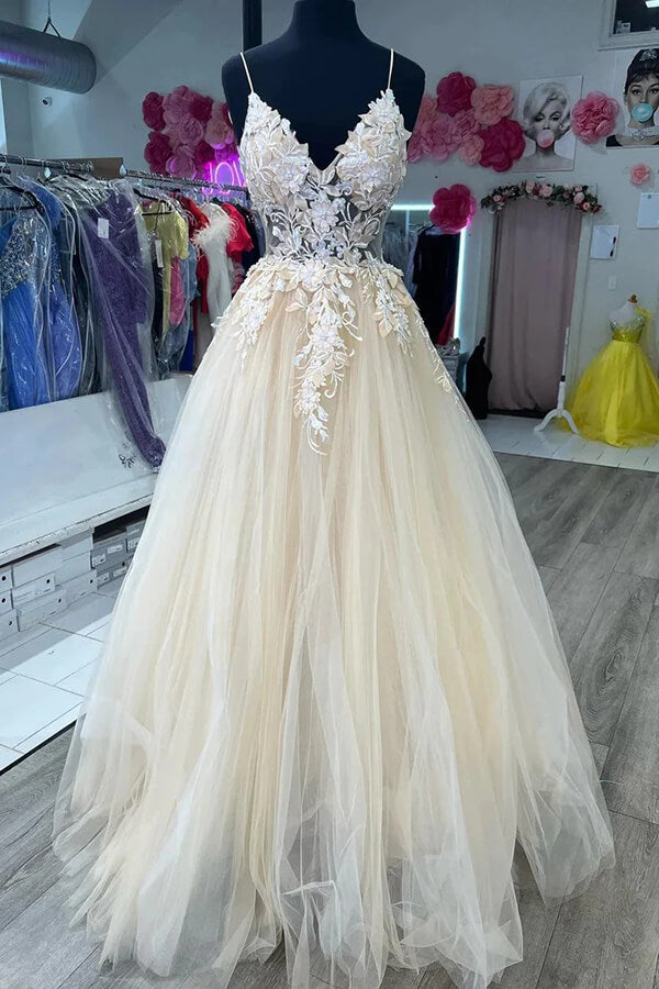Simple A line Spaghetti Straps Tulle Beads Long Prom Dresses B036