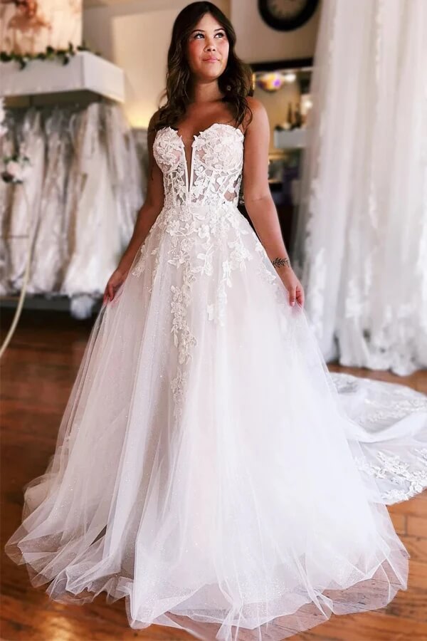 Tulle A-line Strapless Princess Wedding Dresses With Lace Appliques, MW1016