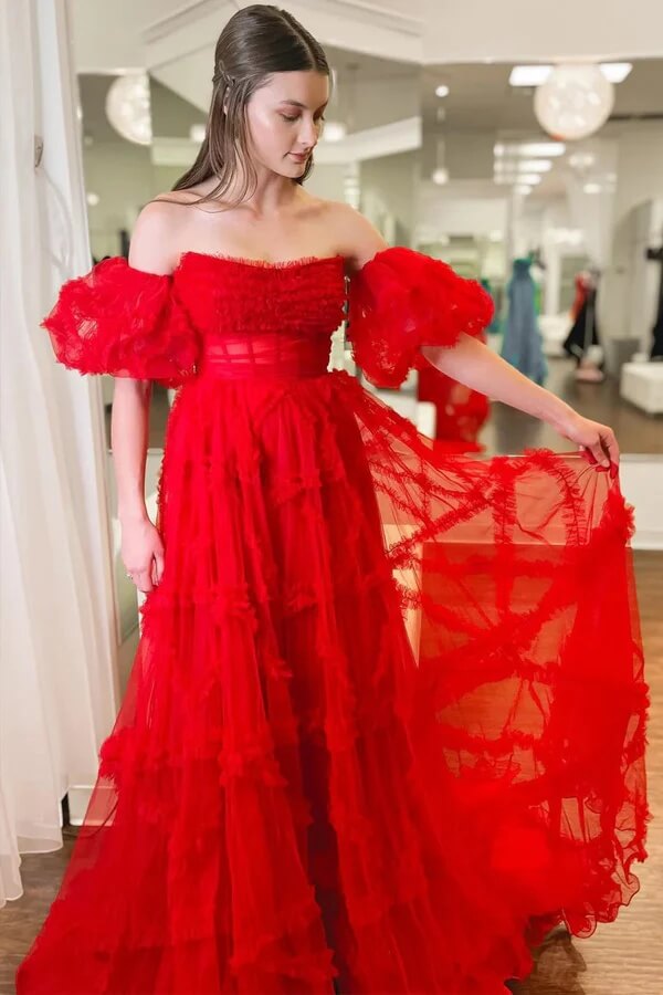 Tulle A-line Strapless Ruffles Prom Dresses With Puff Sleeves, Party Dress, MP990 Tulle A-line Strapless Ruffles Prom Dresses With Puff Sleeves, Party Dress, MP990