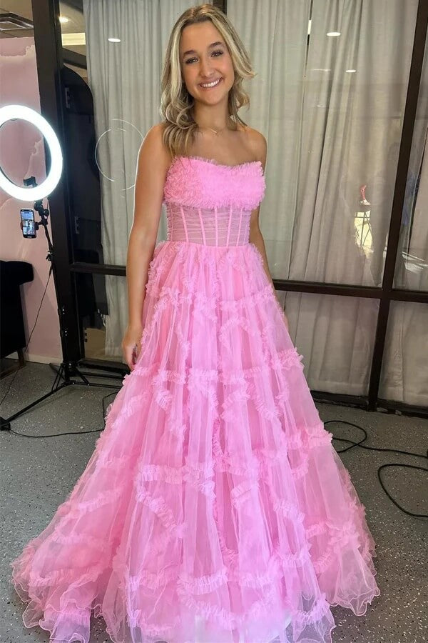 Tulle A-line Ruffles Prom Dress With Puff Sleeves, MP990 | Musebridals Tulle A-line Ruffles Prom Dress With Puff Sleeves, MP990 | Musebridals