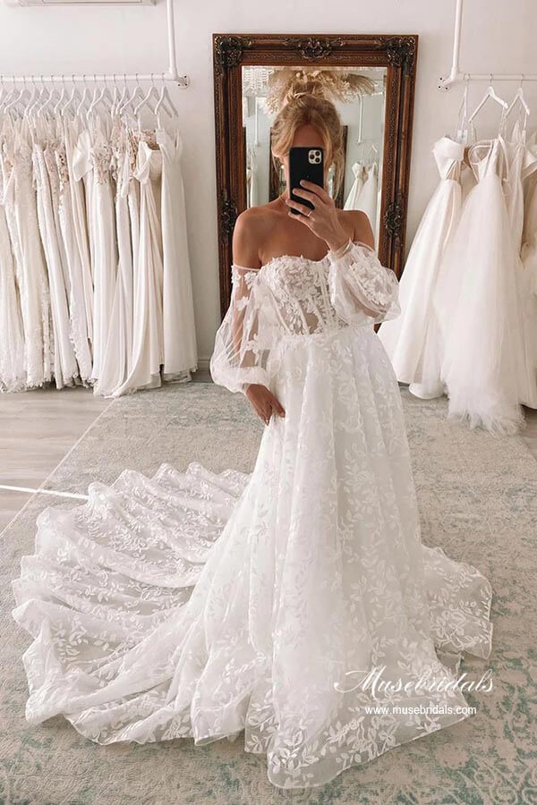 A-line Tulle Wedding Dress With Detachable Off The Shoulder Long Sleeves