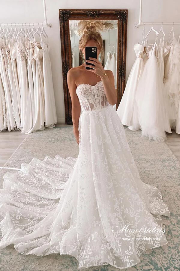 Tulle A-line Sweetheart Lace Wedding Dresses With Detachable Sleeves, MW875 Tulle A-line Sweetheart Lace Wedding Dresses With Detachable Sleeves, MW875