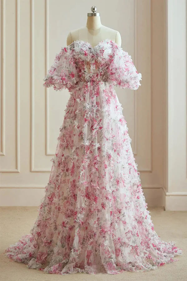 Tulle A-line Sweetheart Multi-Colors Floral Prom Dresses, Evening Dresses,  MP957