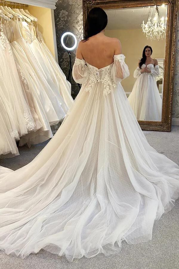 Tulle A-line Sweetheart Neck Wedding Dresses With Balloon Sleeves, MW949 Tulle A-line Sweetheart Neck Wedding Dresses With Balloon Sleeves, MW949
