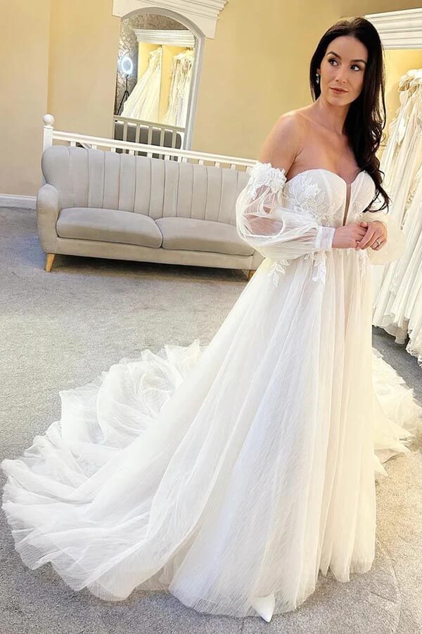 Tulle A-line Wedding Dresses With Balloon Sleeves, MW949 | Musebridals Tulle A-line Wedding Dresses With Balloon Sleeves, MW949 | Musebridals
