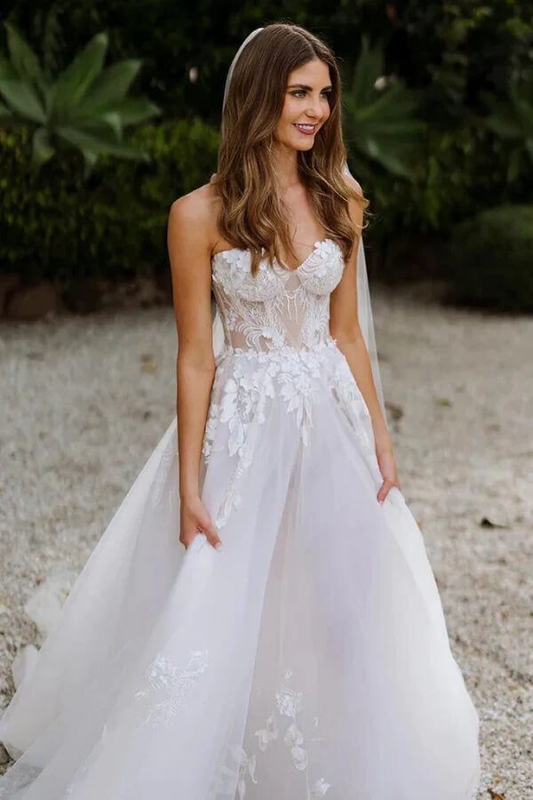 Tulle A-line Sweetheart Sleeveless Lace Appliques Boho Wedding Dresses,  MW1026