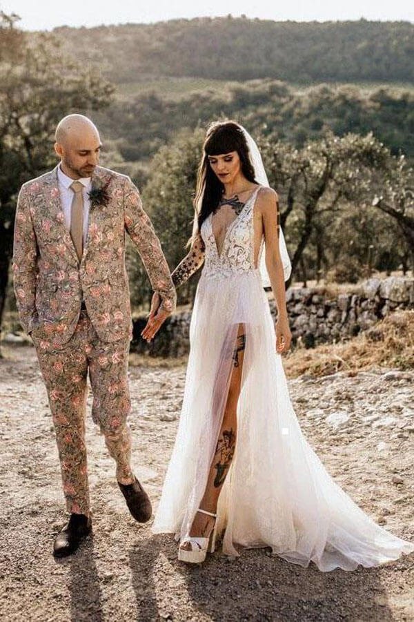 Tulle A-line V-Neck See Through Thigh Slit Beach Wedding Dresses, MW982 Tulle A-line V-Neck See Through Thigh Slit Beach Wedding Dresses, MW982