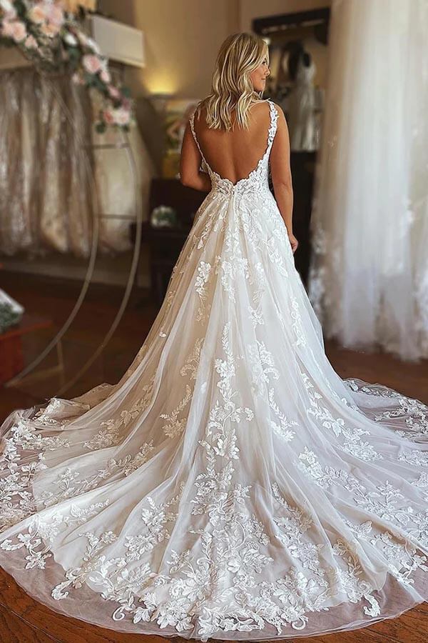 Tulle A-line V-neck Backless Boho Wedding Dresses With Lace Appliques, MW901 Tulle A-line V-neck Backless Boho Wedding Dresses With Lace Appliques, MW901