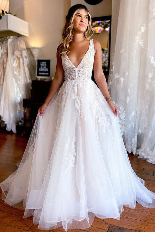Tulle A-line V-neck Beach Wedding Dress With Lace, MW910