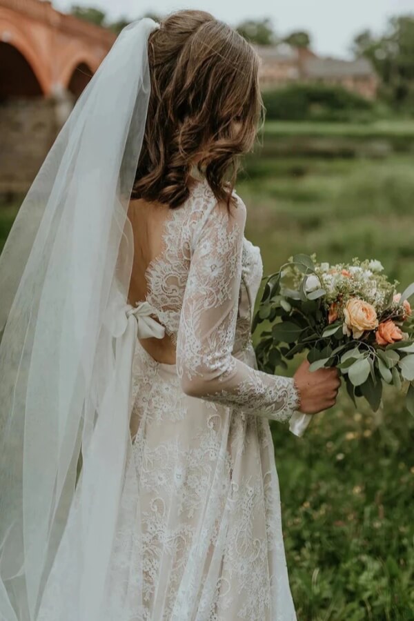 strapless a line dress midi Long Sleeve A-Line Tulle Wedding Dress with Lace Appliques – Babyonlines main image 1