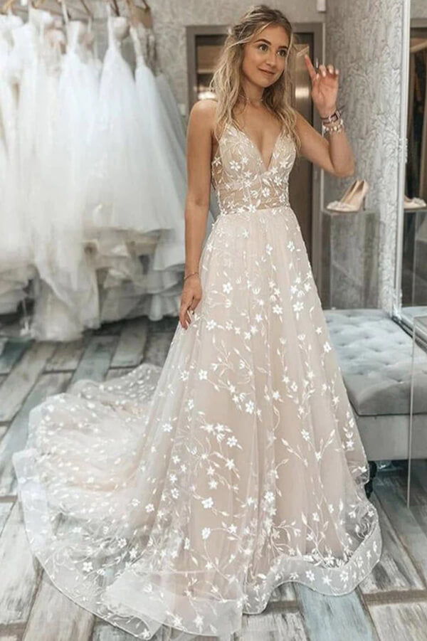 Tulle A-line V-neck Spaghetti Straps Lace Appliques Wedding Dresses, MW863