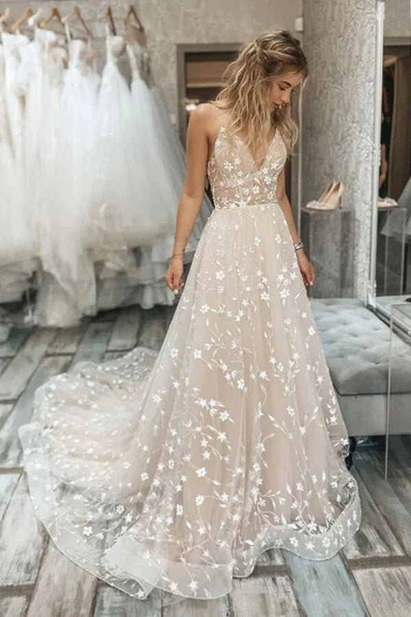 Tulle A-line V-neck Spaghetti Straps Lace Appliques Wedding Dresses, MW863 Tulle A-line V-neck Spaghetti Straps Lace Appliques Wedding Dresses, MW863
