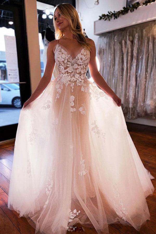 Champagne Sheath Wedding Gown with Ivory Lace Appliques