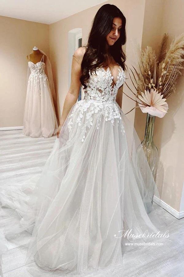 Tulle A-line Wedding Dresses With Lace Appliques MW921 | Musebridals Tulle A-line Wedding Dresses With Lace Appliques MW921 | Musebridals
